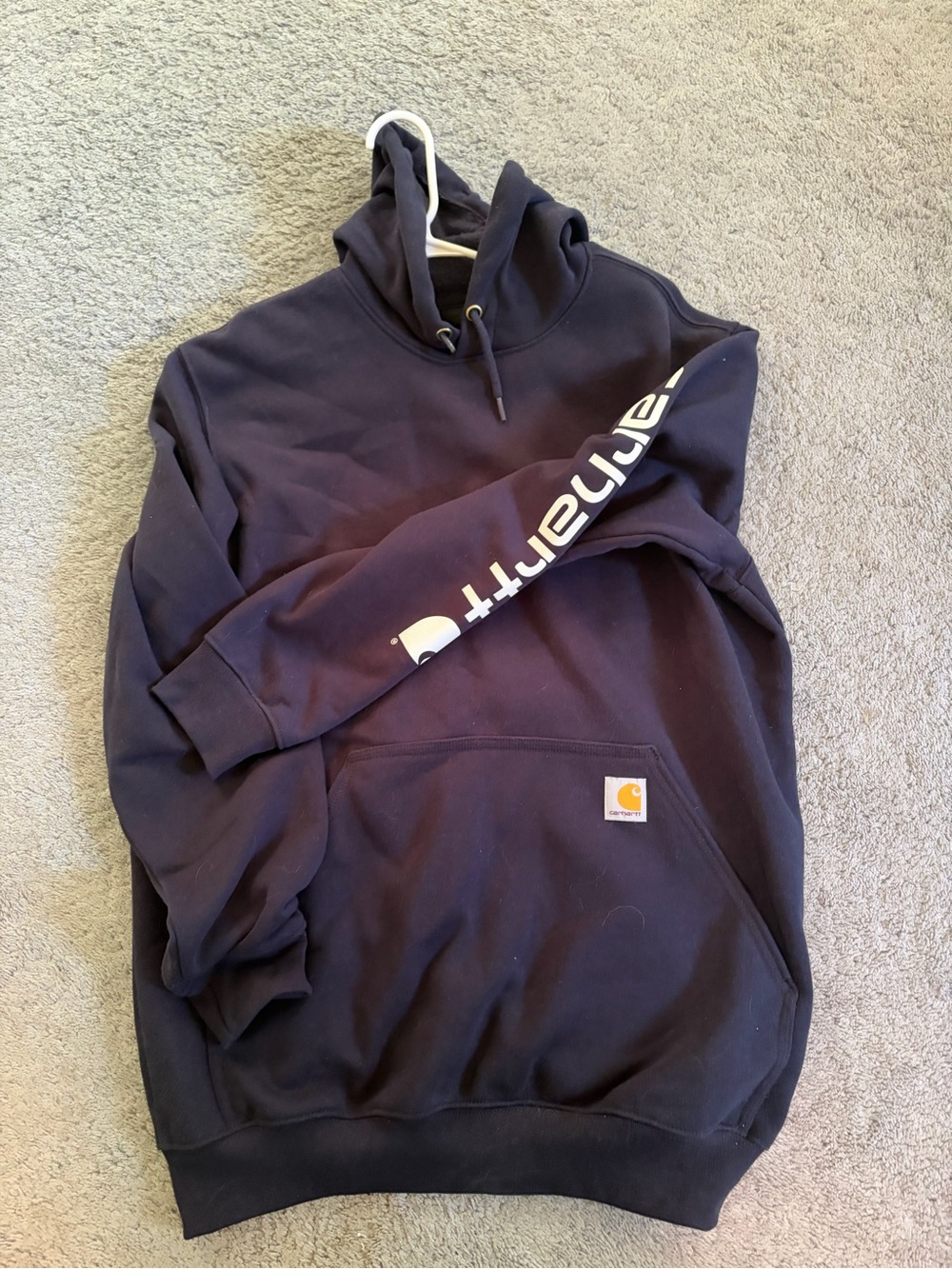 Carhartt Navy Blue Pullover Hoodie with White Sleeve Logo